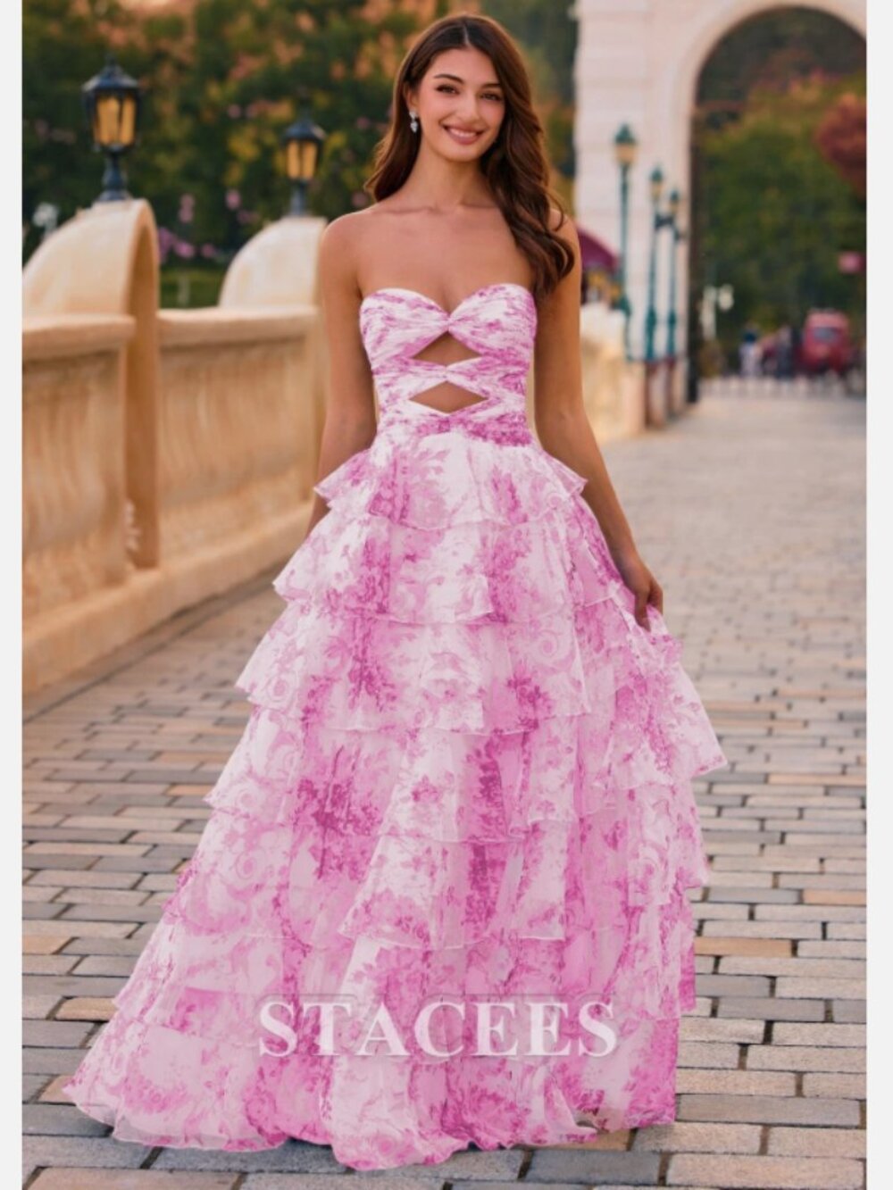 NWT $250 A-Line Floral Print Chiffon Tiered Ruffle Corset Dress Pink size 2
